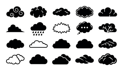 Obraz premium Weather and nature vector icons with clouds, rain drops and wind symbols for web design in solid glyph style