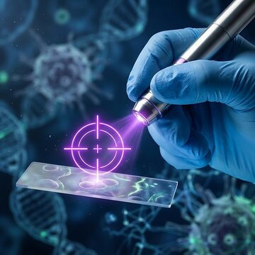 A gloved hand using a laser device to target and analyze biological cell samples on a microscope slide with dna and virus structures in the background