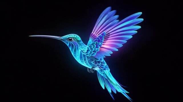 Animation fantasy glowing blue hummingbird with luminous wings on black background.