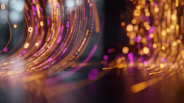 Glowing golden and purple data streams flowing in curved lines. Abstract digital particles and squares moving through dark space. Concept of big data, cyber security, artificial intelligence, cloud