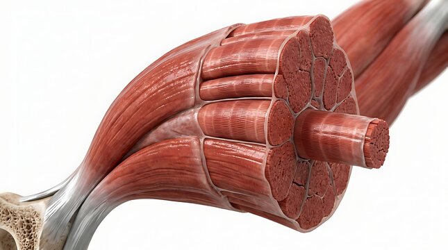 3d illustration of human skeletal muscle anatomy showing muscle fibers, fascicles, and connective tissue structure attached to bone