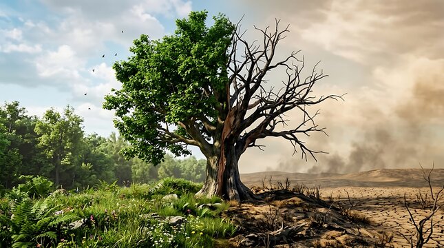 A conceptual image showing a tree split between a lush, vibrant green forest and a dry, barren, desolate desert landscape, representing climate change