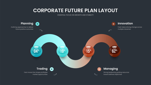 Simple Proposal 4 Element Graph Slide Layout. Service Profile Slideshow Template Vector Illustration. Elegant Plan Four Step Chart Presentation Design.