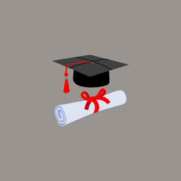 Graduation cap with red tassel and diploma scroll icon presented on a simple solid gray background