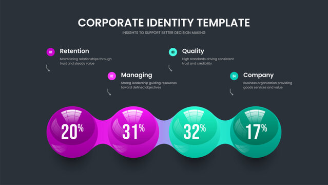 Modern Visualization Four Element Graph Slide Design. Elegant Strategy 4 Step Chart Presentation Template. Professional Introduction Slideshow Layout Vector Illustration.