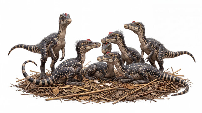 Photorealistic Baryonyx walkeri hatchlings in a nest, isolated on white background, showing baby dinosaurs, detailed anatomy, and scientifically accurate paleontological reconstruction.