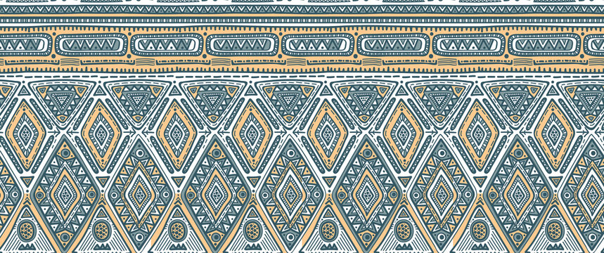  seamless pattern with black and white hand drawn triangles, ornate birds.