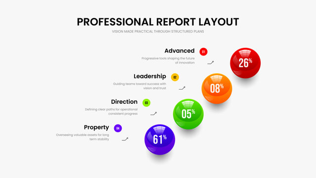 Digital Strategy 4 Step Diagram Frame Template. Sales Solution Four Element Graph Presentation Design. Investor Briefing Slideshow Layout Vector Illustration.