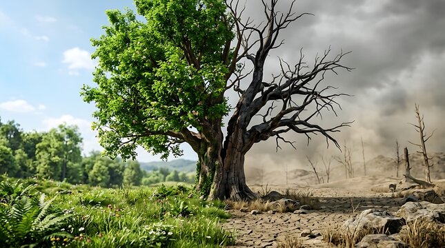 A conceptual splitscreen image showing a tree halfalive in a lush green meadow and halfdead in a barren, dry, and dusty landscape