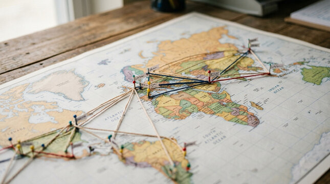 World map on wooden surface with colorful push pins connected by strings and small white flags, indicating global travel paths, logistics routes, or international connections.