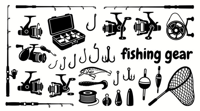 fishing gear featuring fishing rods spinning reels tackle boxes hooks artificial lures fishing lines sinkers floats and landing nets set for angling outdoor recreation sporting