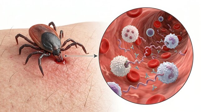 A tick biting human skin and transmitting borrelia burgdorferi bacteria into the bloodstream, causing lyme disease, 3d medical illustration