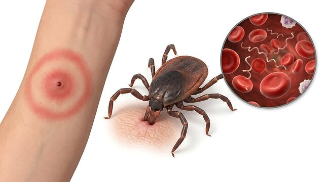 Lyme disease illustration showing a tick bite with erythema migrans rash and borrelia burgdorferi bacteria in the bloodstream