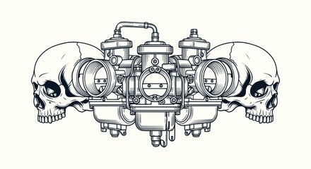 Detailed Engraving Style Artwork Featuring Human Skulls and Triple Motorbike Carburetor Engine Part © Bilkis Islam