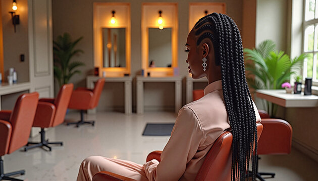 Woman with long African box braids sitting in modern beauty salon, professional African braids styling process with colorful kanekalon, braiding afro hair in beauty salon