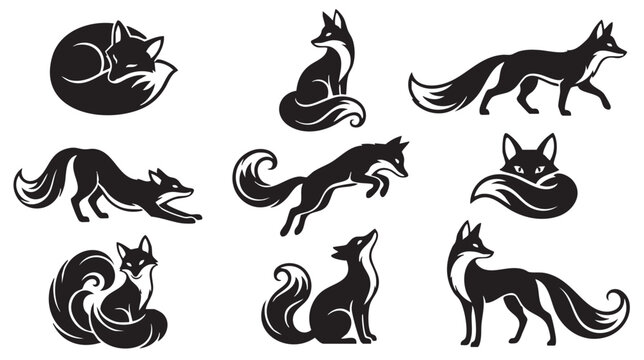 Set of Elegant Black Fox Silhouettes in Various Poses for Creative Graphic Design Projects