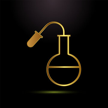 Laboratory science beaker icon represented by gold outline on deep black background.