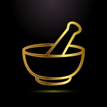 Pharmacy mortar and pestle icon represented by gold outline on black surface area.