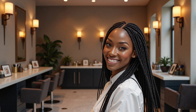Smiling woman with long African box braids in modern beauty salon, professional African braids styling process with colorful kanekalon, braiding afro hair in beauty salon