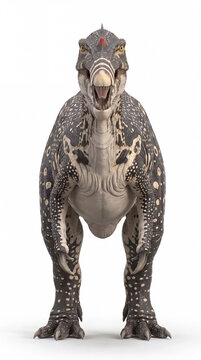 Photorealistic Baryonyx walkeri frontal view, isolated on white background, showing detailed anatomy, claws, and scientifically accurate paleontological reconstruction.