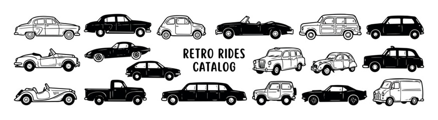 Obraz premium Retro rides vector set featuring classic vintage cars, convertible sports cars, pickup truck, limousine, jeep, van and iconic old automobiles in black and white outline style