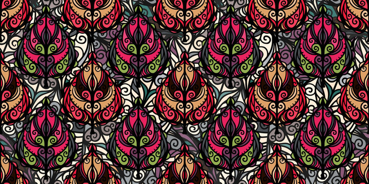  seamless pattern with black and white hand drawn triangles, ornate birds.