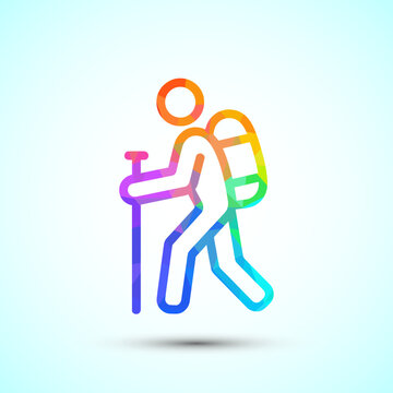 Colorful polygonal outline of a person hiking with a backpack and walking stick.