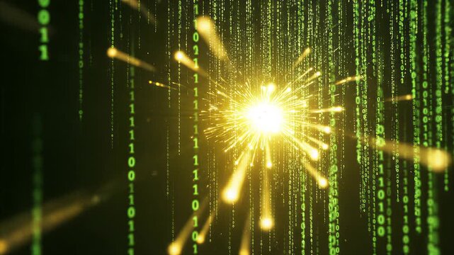Bright golden light explosion bursting through vertical streams of green binary code. Digital data environment with glowing particles and light rays. Concept of cybersecurity, artificial