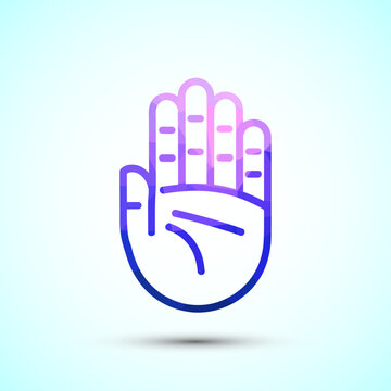 Abstract geometric mosaic art of a human hand with open palm in gradient blue and purple.