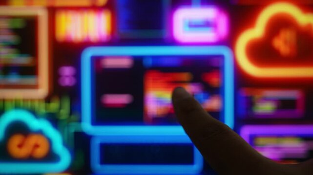 A cloud solutions architect uses a fingertip to interact with a futuristic cloud computing interface, symbolizing cloud services, data management, software development, and digital transformation. 4k.