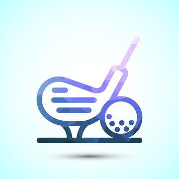 Abstract geometric mosaic art of a golf club and ball on a tee in gradient blue and purple.