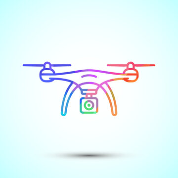 Abstract geometric mosaic art of a drone with camera in gradient colors on white background.