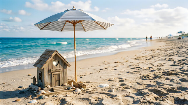 Small wooden house under beach umbrella on sandy shore