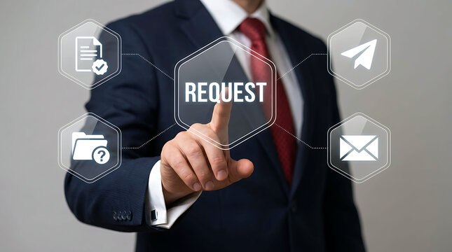 Businessman touching request icon surrounded by communication symbols