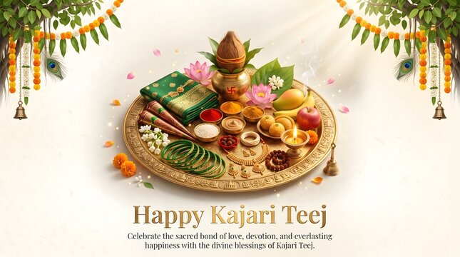 Happy kajari teej festival celebration poster with traditional puja thali elements