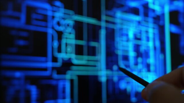 A building engineer uses a stylus to examine a digital architectural floor plan on a touchscreen, symbolizing precision design, construction planning, BIM technology, and engineering accuracy. 4k.
