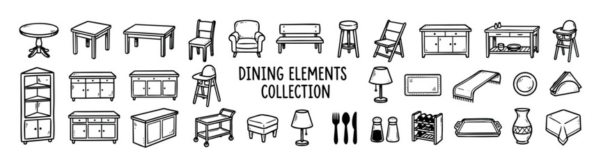Fototapeta premium Dining elements collection. hand drawn black and white vector illustrations of dining tables, chairs, stools, cabinets, lamps, utensils, trays, and dining accessories for kitchen and restaurant design