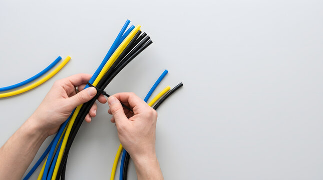 Hands tying a bundle of colorful pneumatic tubes with a zip tie. Top view flat lay of flexible air hoses. Copy space for text