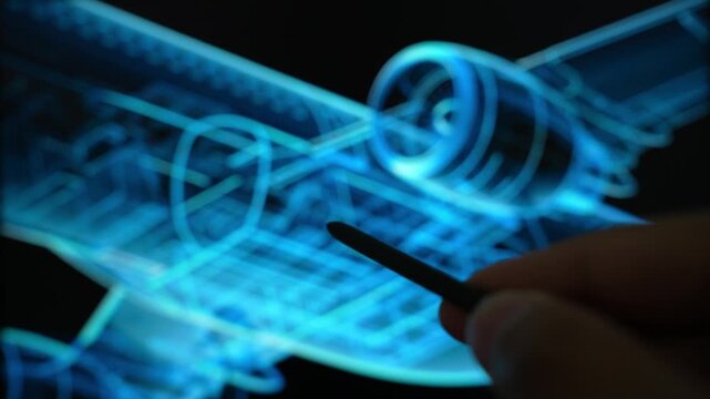 An aerospace engineer uses a stylus to inspect a digital aircraft blueprint on a futuristic display, symbolizing aviation engineering, precision design, innovation, and aircraft development. 4k.
