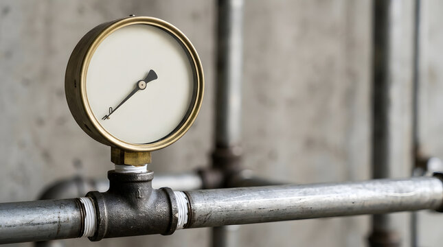 Close up of an analog pressure gauge on a metal pipe system. Industrial pneumatic line measurement instrument against a concrete wall