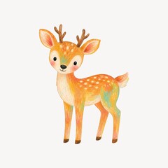 Obraz premium A cute, watercolor-style illustration of a baby deer or fawn with white spots, featuring warm orange and brown tones, isolated on a transparent background.