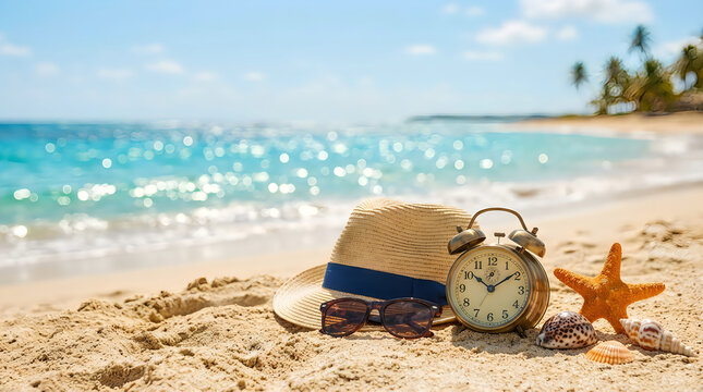 Alarm clock and straw hat on the sunny sandy beach