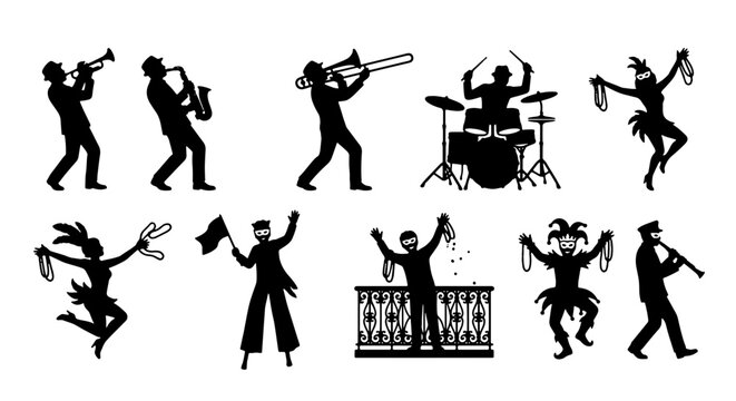 Mardi Gras Musicians and Dancers Silhouettes, Festive Parade Performers, Jazz Band Icons, Celebration Vector Set