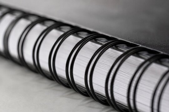 Spiral binding coils holding pages together in notebook closeup