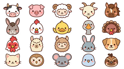 Fototapeta premium Cute farm animal faces cartoon style