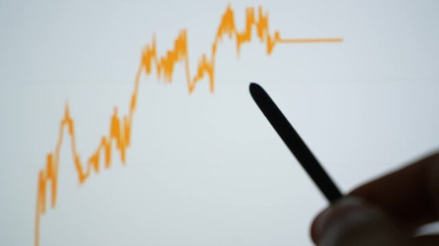 A financial analyst uses a stylus to examine a digital market performance chart on a touchscreen, symbolizing investment analysis, business intelligence, financial planning, and data-driven decisions.