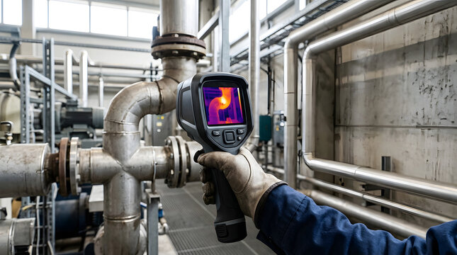 Worker holding thermal imaging camera inspecting industrial pipes. Infrared temperature scan of equipment performance in factory. Preventative maintenance concept