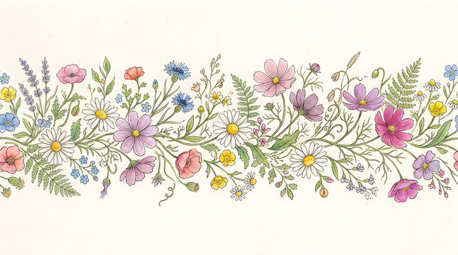 Seamless border with hand drawn colorful wild flowers
