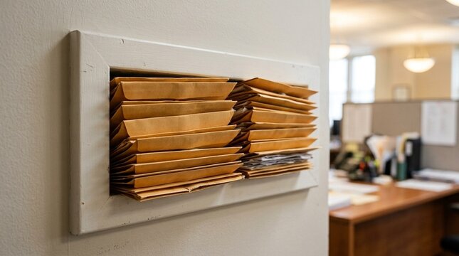 Front desk mail slot stuffed with labeled interoffice forecast envelopes