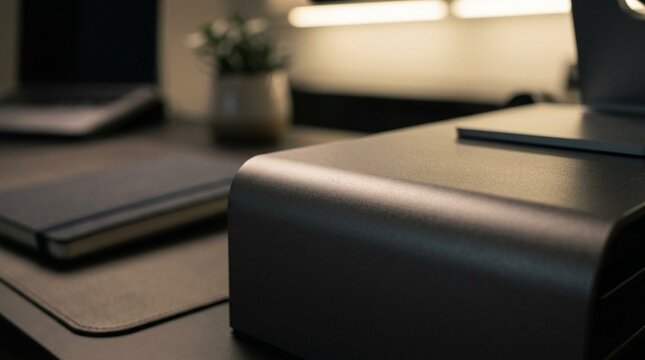 Overhead ambient light glowing faintly within a quiet planning office